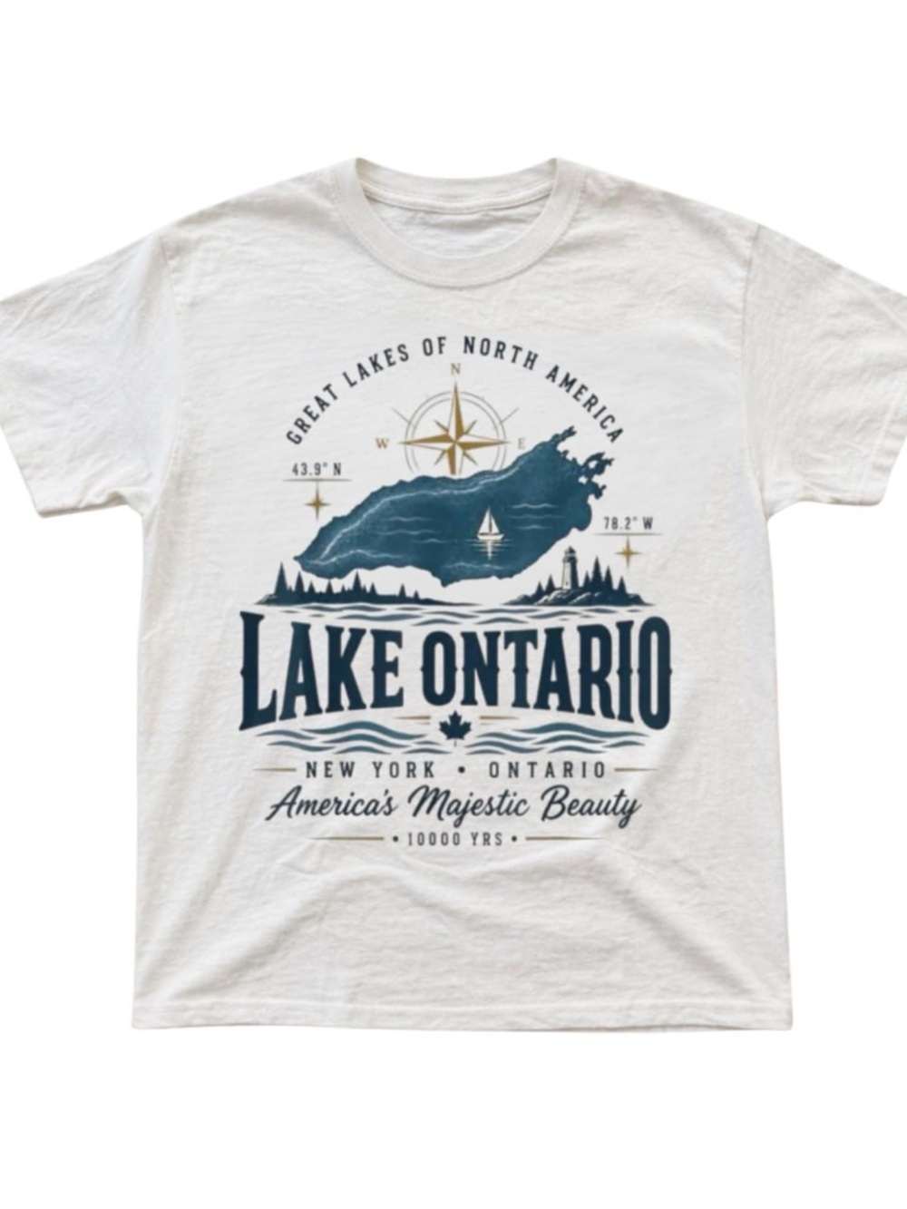 White T-Shirt with Navy & Gold Lake Ontario Graphic